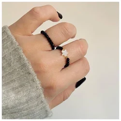 Ethnic Shell Star Heart Engagement Rings For Women Stretchy Handmade Statement Jewelry Natural Stone Obsidian Ring