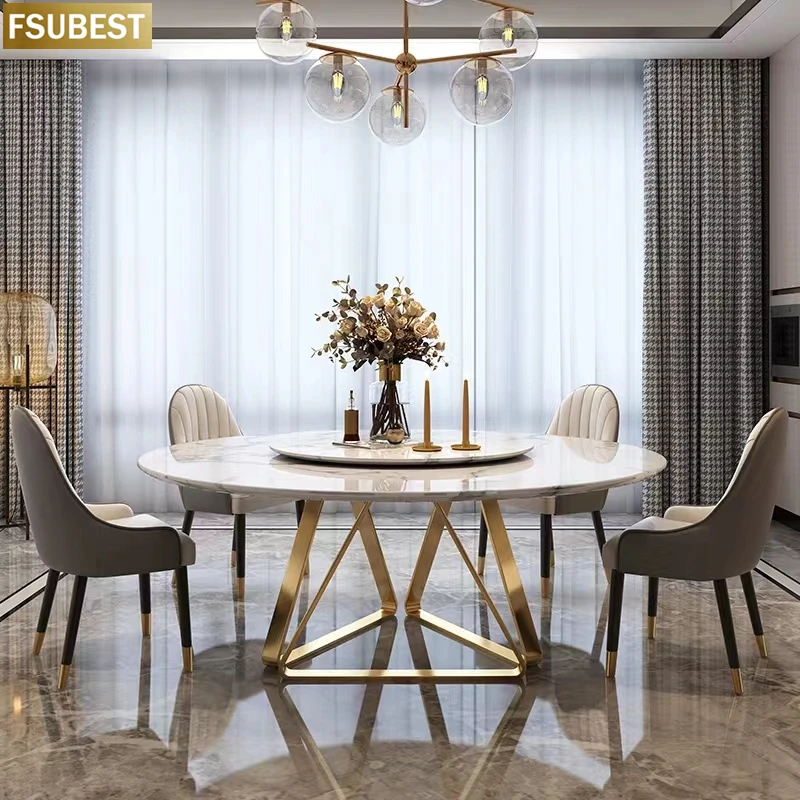 Italian Modern Dining Room Table Set 8 Seater Home Furniture Round Marble Gold Stainless Steel Dining Tables