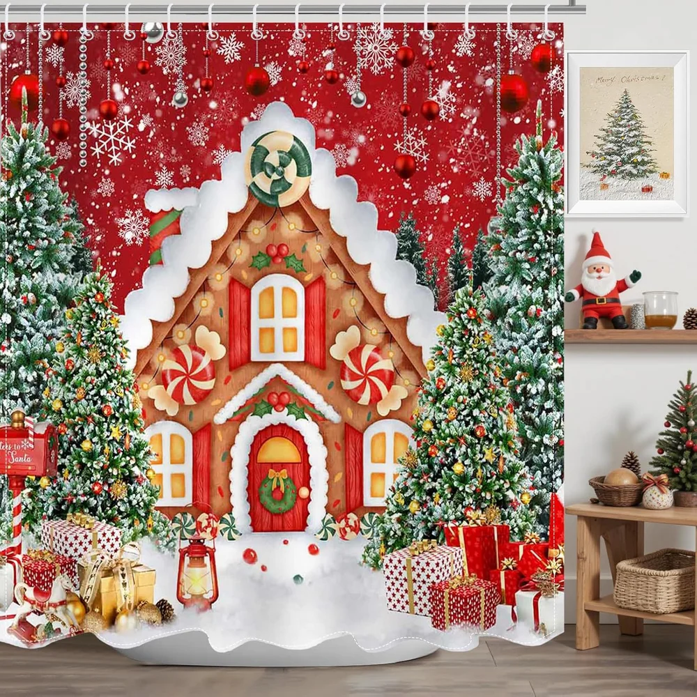 Christmas Shower Curtain Cartoon Lovely Candy House Xmas Bathroom Curtains Christmas Gift Snowflake Decor Fabric Curtain Hooks