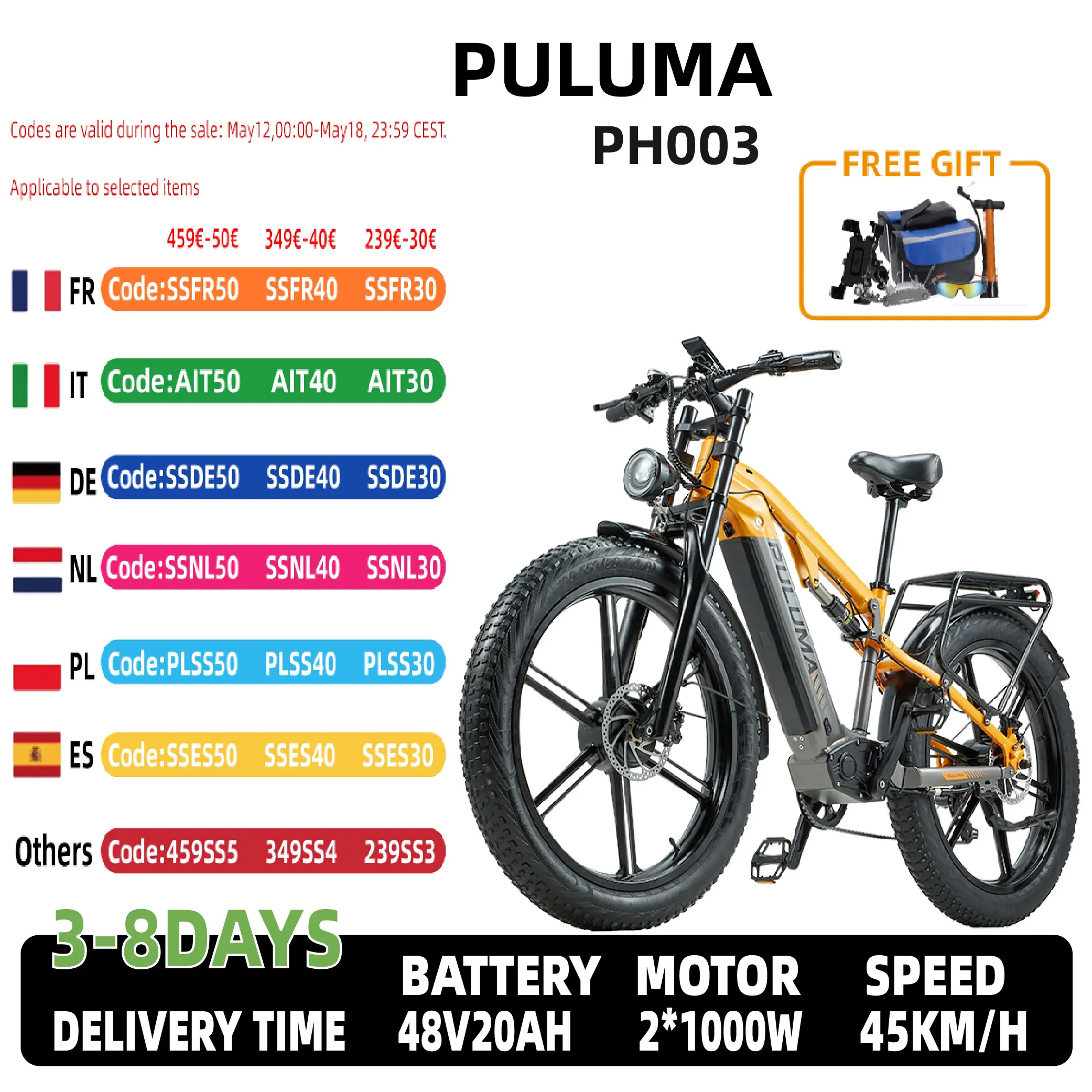 PULUMA PH003 Elektrofahrrad 3000 W Spitzenleistungsmotor 48 V 20 Ah Lithiumbatterie E-Bike 26 * 4,0