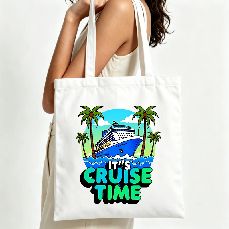 cruise ship and palm tree graphic canvas tote bag, casual style for summer beach outings and travel
