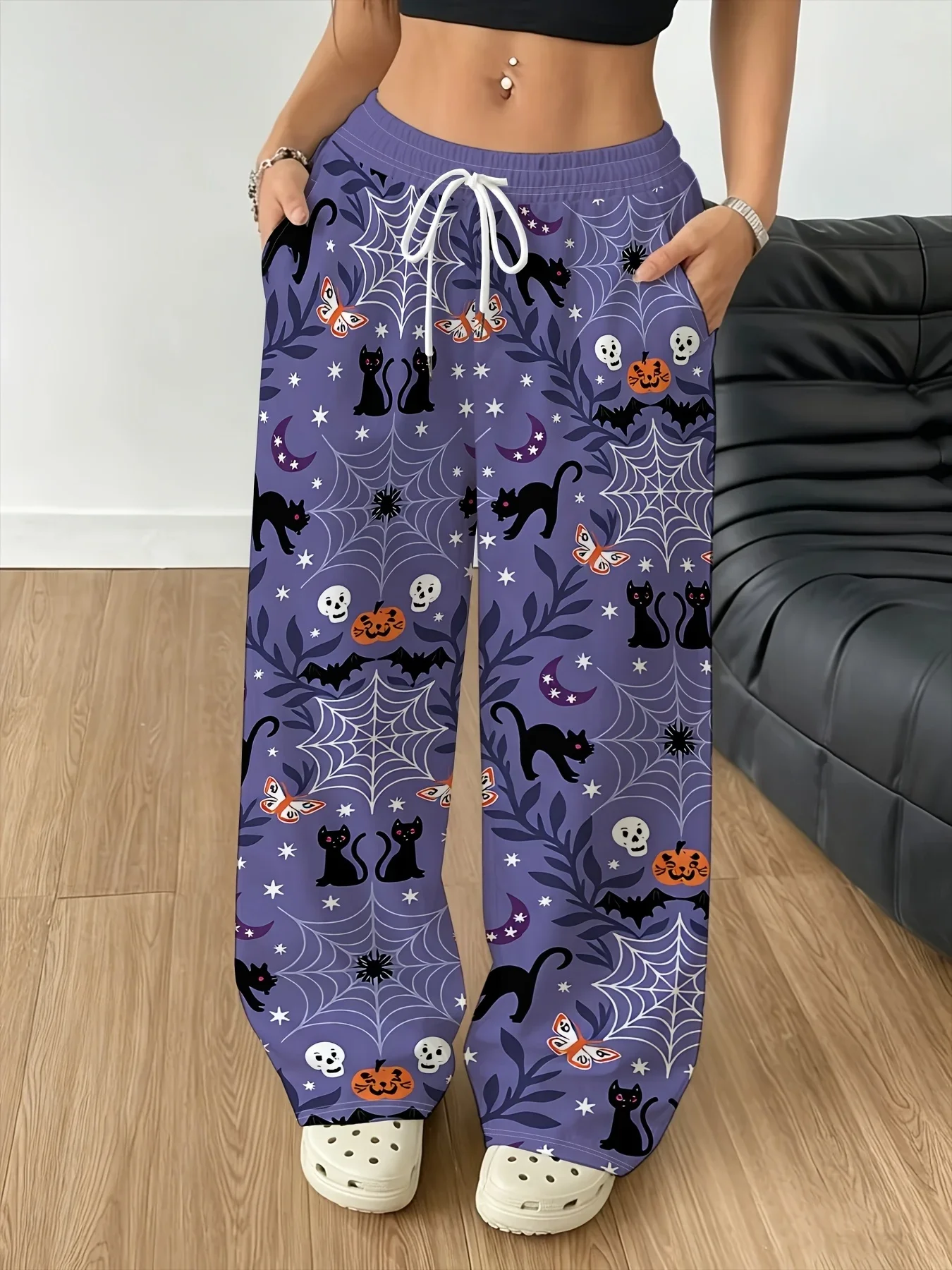 Halloween Jack O Lantern Pumpkin Bat Print Wide Leg Pants Drawstring Elastic Waist Party Casual Trousers Unisex