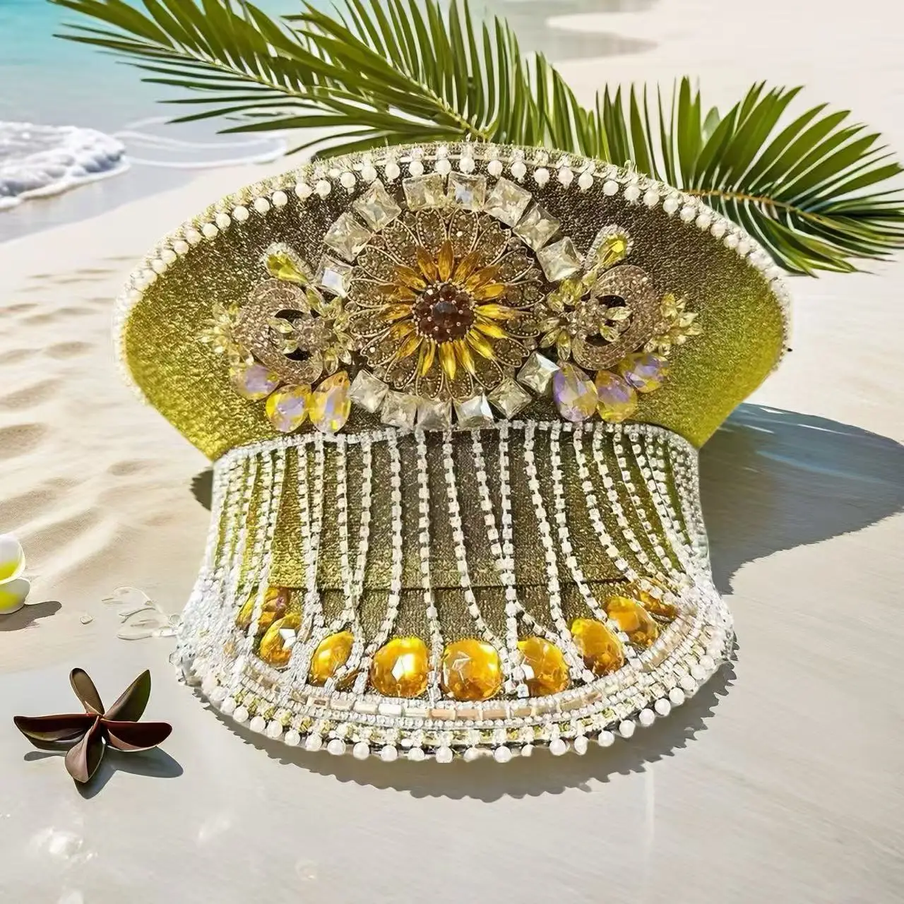ホンルアン-ヴィンテージ-イエロー-プール＆ビーチ-キャプテンハット-ラインストーン付き-レディース、バーニングマン-スチームパンク-トップハット、エレガントなメンズキャップ-オリジナル