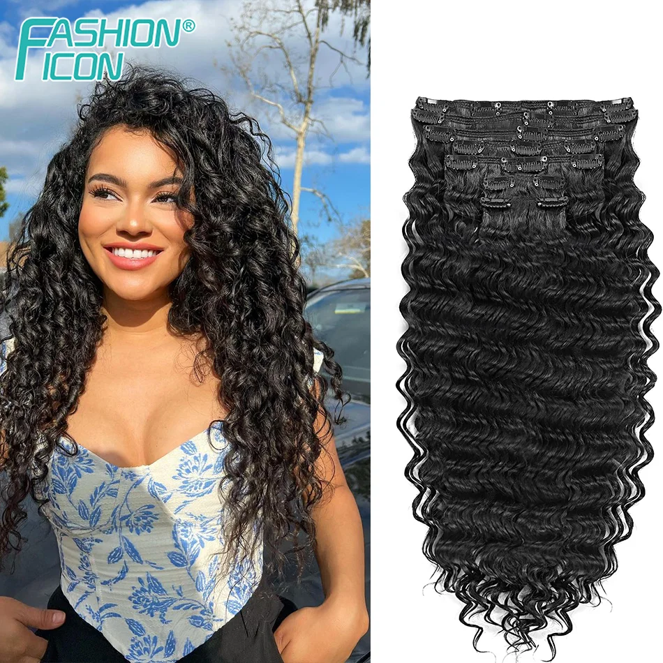 

Synthetic Deep Wave Clip In Hair Extension 7Pcs/Set 140g Black Synthetic Hair Full Head Hairpiece Curly Clip Ins Hair 24Inch