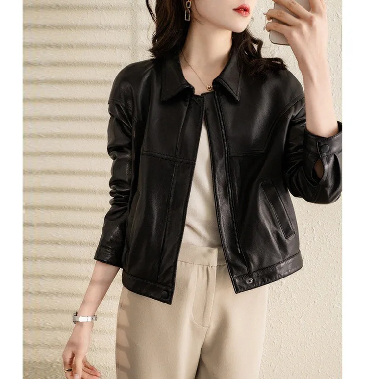 2024 autumn Motorcycle black leather jacket,genuine leather women's short style new women's versatile sheepskin leather jacket