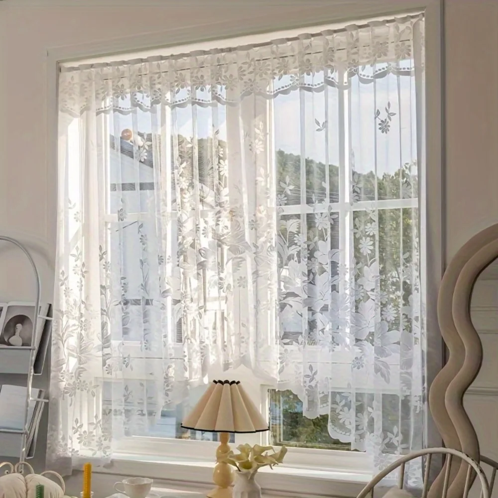 Flower Pattern French Lace Jacquard Curtain Translucent No Drilling Required Kitchen Partition Tulle Through-rod Design