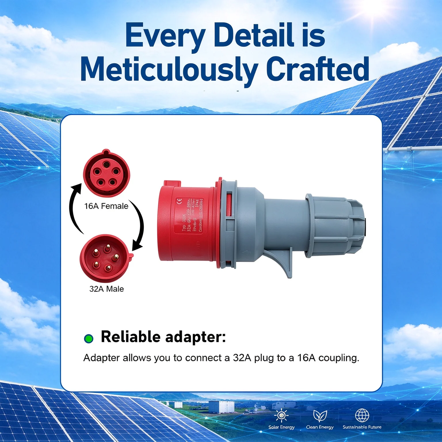 3 Phase 16A Red CEE Adapter Female Socket To Male Plug, Waterproof Connector for EV Power Connection
