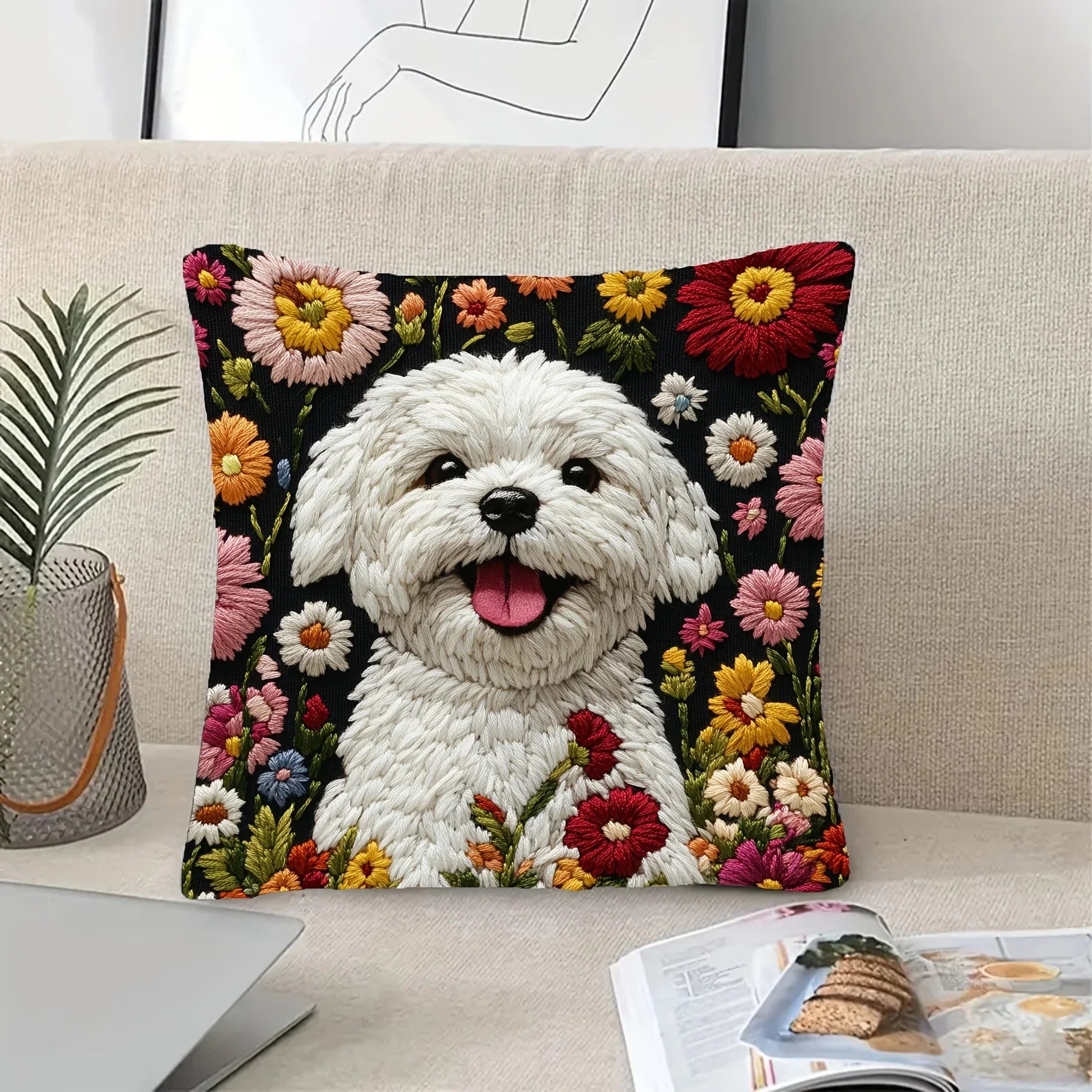 Floral Maltese Dog Cushion Covers Bedroom Zipper Square Sofa Pillowcase Chair Pillow Covers Home Living Room Decor Gift
