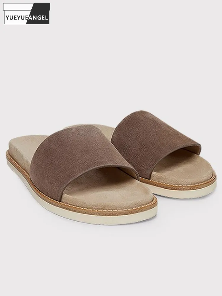 Retro Men High Quality Genuine Leather Open Toe Slides Leisure Trend Solid Color Cow Suede Breathable Beach Flat Slippers