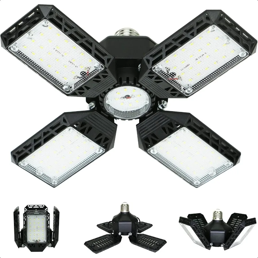 Luz led para garagem, luzes de teto deformáveis para garagem, 150w, 15000lm, 4 painéis ajustáveis, e26, e27, luzes de loja para porão, celeiro, funciona