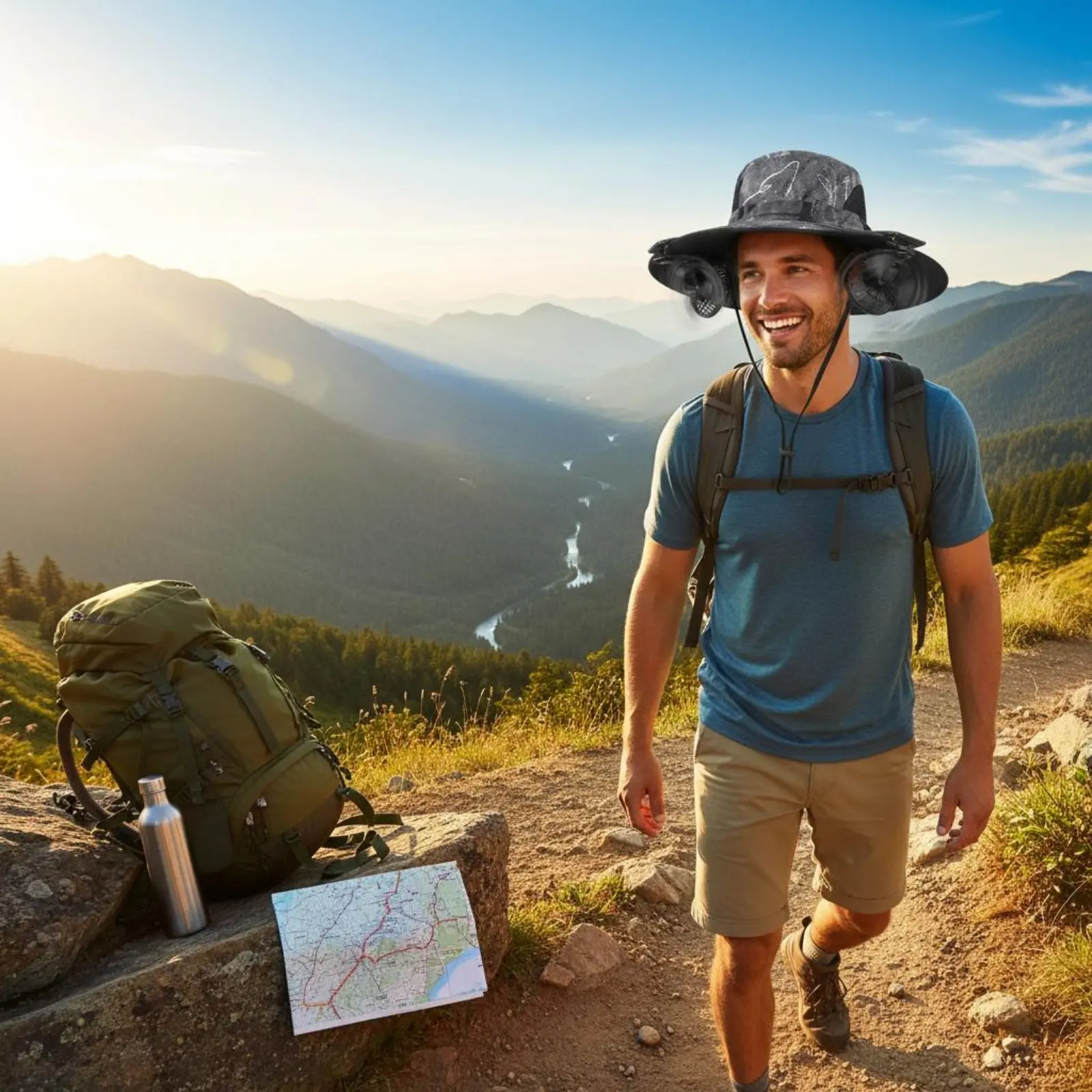 

Солнечная шляпа-вентилятор с регулируемым размером, легкая, ветрозащитная, с ремешком на подбородок для рыбаков, кемпинга, садоводства