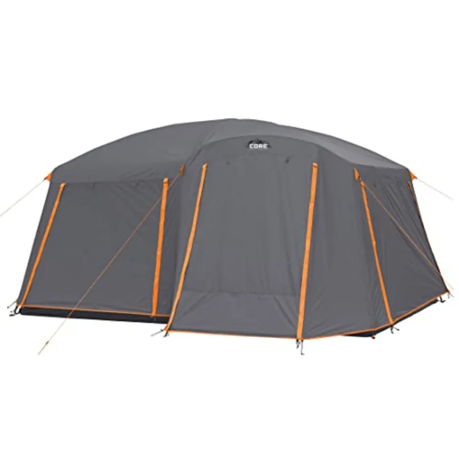 

Family camping tent for 10-12 persons, multi-room cabin design, polyester fabric, gray-green color, waterproof and quick-setup