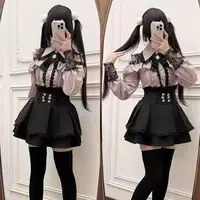 Dark Sweet Heart Ground Type Lolita Set, Ruffle Sleeve Top & A-line Skirt, Cute Kawaii Japanese Style Gothic Coord Outfit S-XL - Image 2