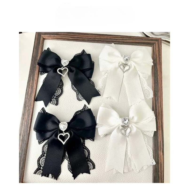 

NONSAR Japanese Black White Bow Brooch Lace Heart Pendant Bow Tie Female Sweet and Cute Hairpin New Girl Hair Accessoires