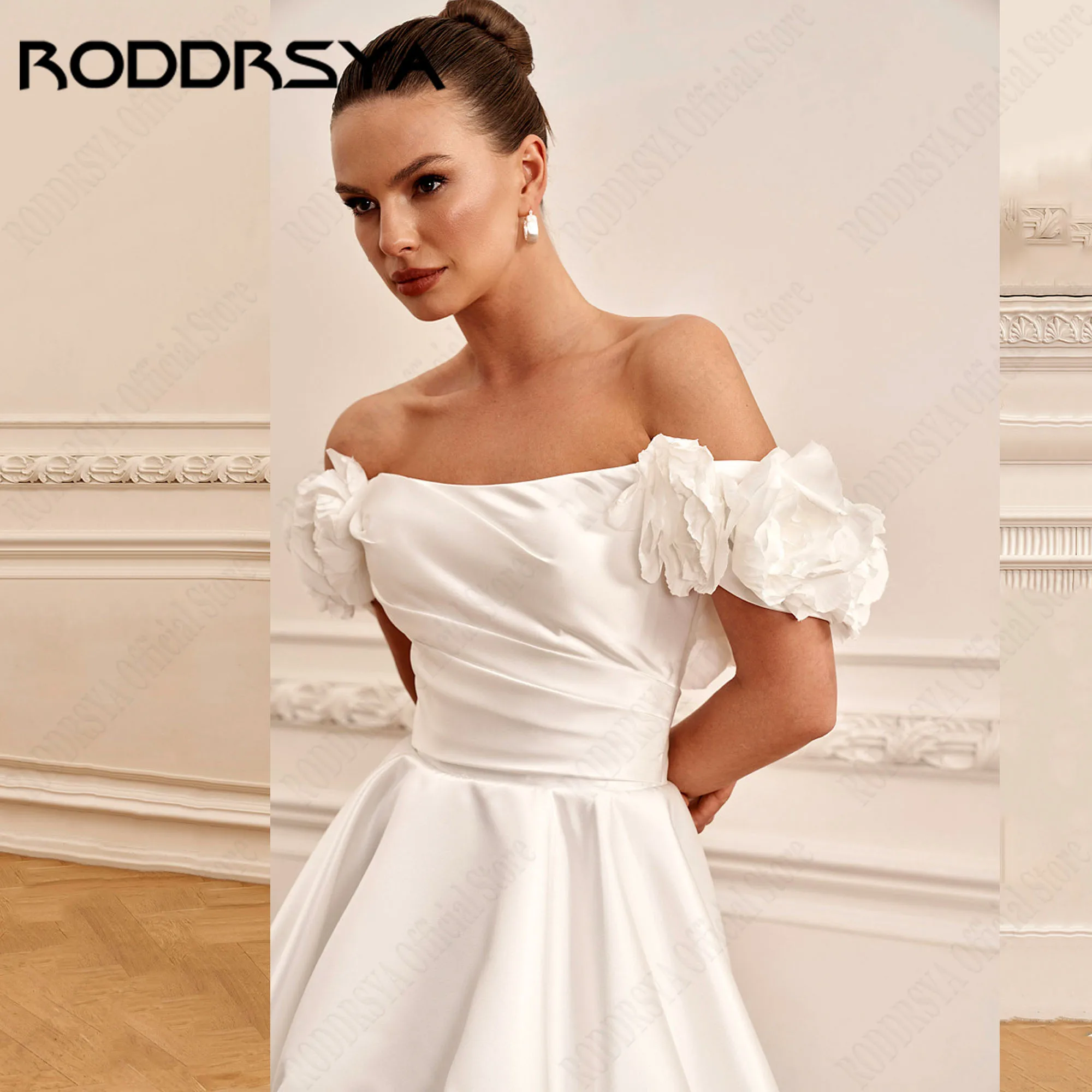 RODDRSYA สั้นปิดไหล่ชุดแต่งงาน 2025 A-Line Strapless ซาตินโมเดิร์นเจ้าสาว Gowns 3D ดอกไม้ Lace Up vestido ที่กําหนดเอง