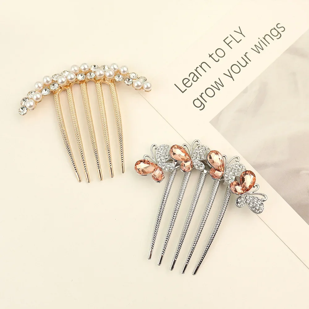 Women Pearl Crystal Hair Comb Fashion Rhinestone Decorative Hair Card Headwear Girls\' Hair Accessories