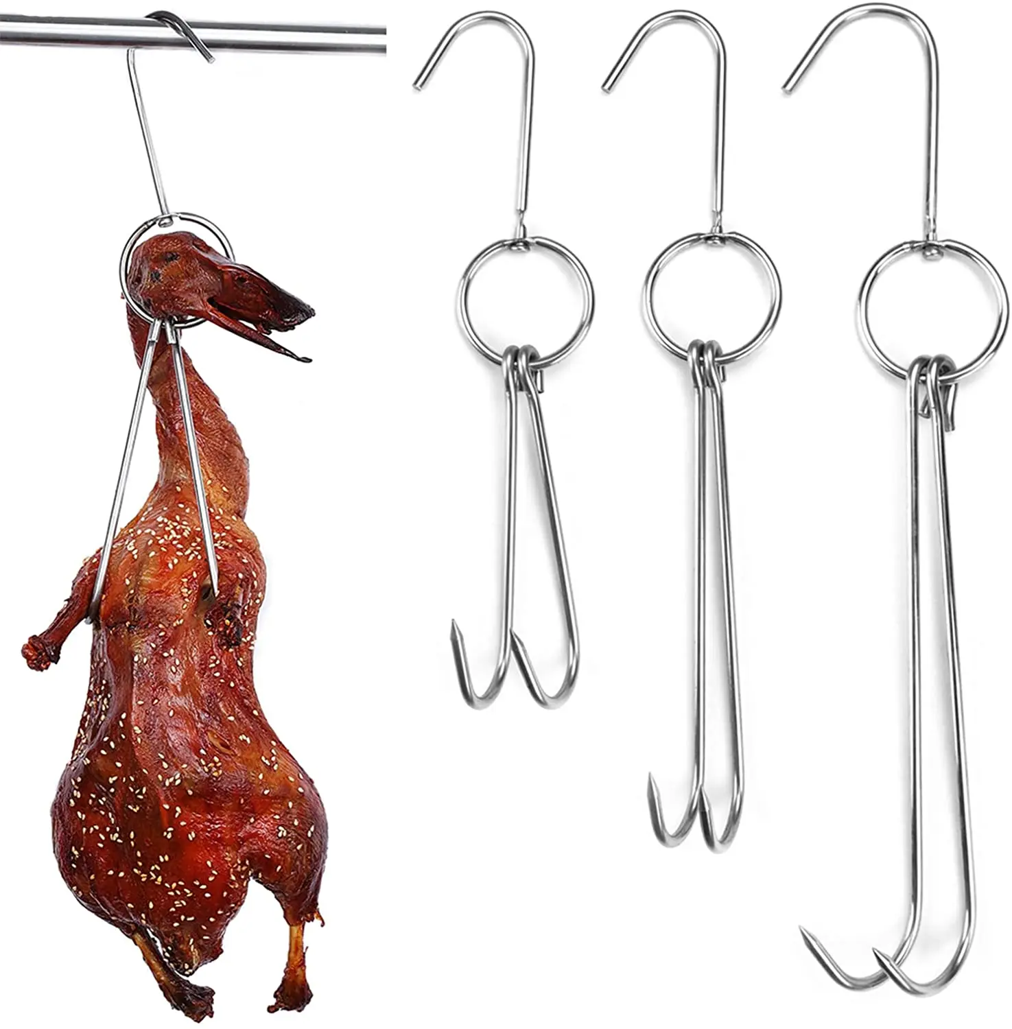 Stainless Steel Meat Double Hook for Poultry Roast Duck Bacon Sausage Hams Hanging Hook Grill Hanger for Drying Cooking BBQ