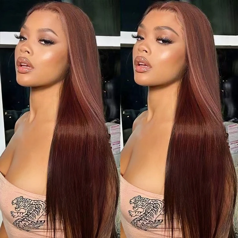 

Бесклеевой красновато-коричневый костяной прямой 13x4 HD кружевной фронтальный парик Вьетнамский двойной рисунок человеческих волос цветной парик