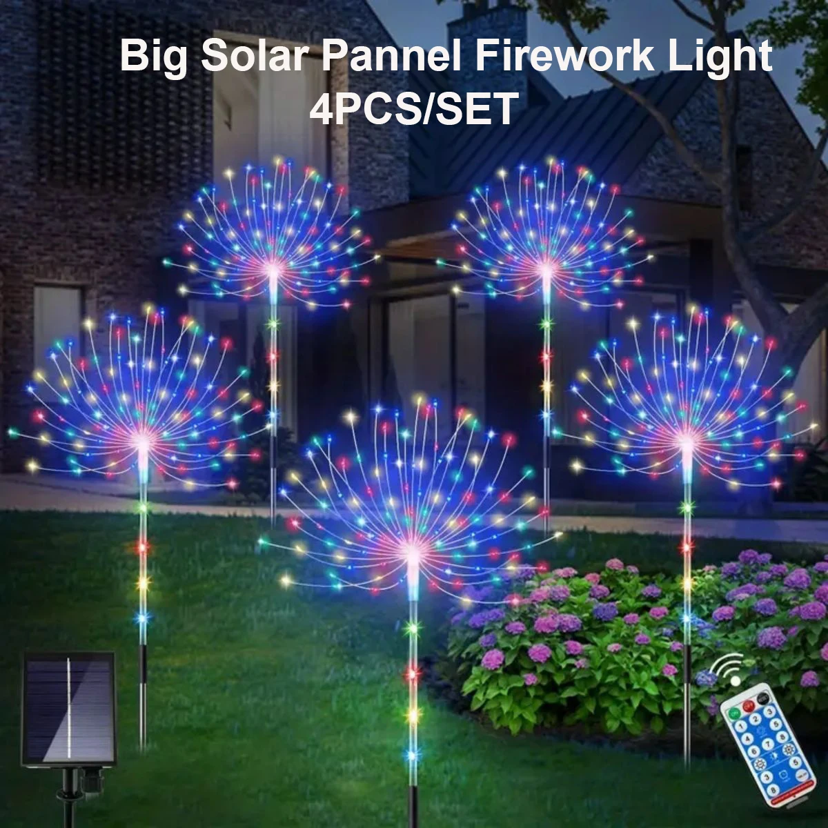 

One Drag Four Outdoor Solar Fireworks Lights 480 LEDS Lawn Lamp Waterproof With 8 Modes Remote Control For Chirstmas Decoration