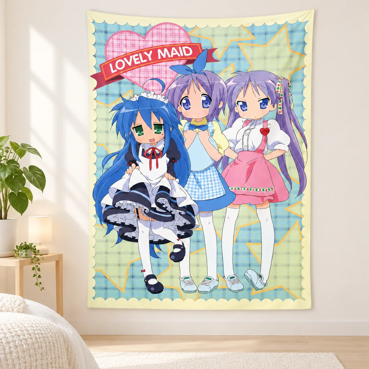 Lucky Star Anime Tapestry, Lovely Maid Character Wall Hanging, Manga Girls Wall Tapestry For Bedroom Dorm Room Decor