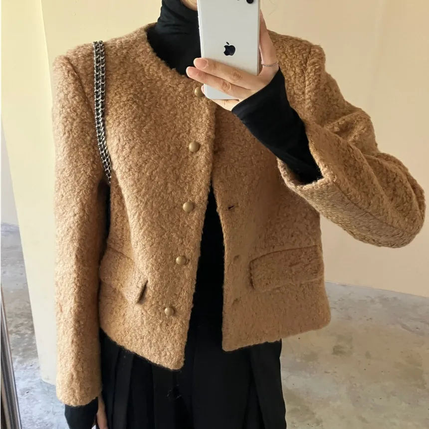 معطف صوفي للتنحيف بأسلوب كوري، تصميم دائري أنيق، أكمام طويلة، ياقة مستديرة، زر واحد، لون موحد، مناسب للعمل #2