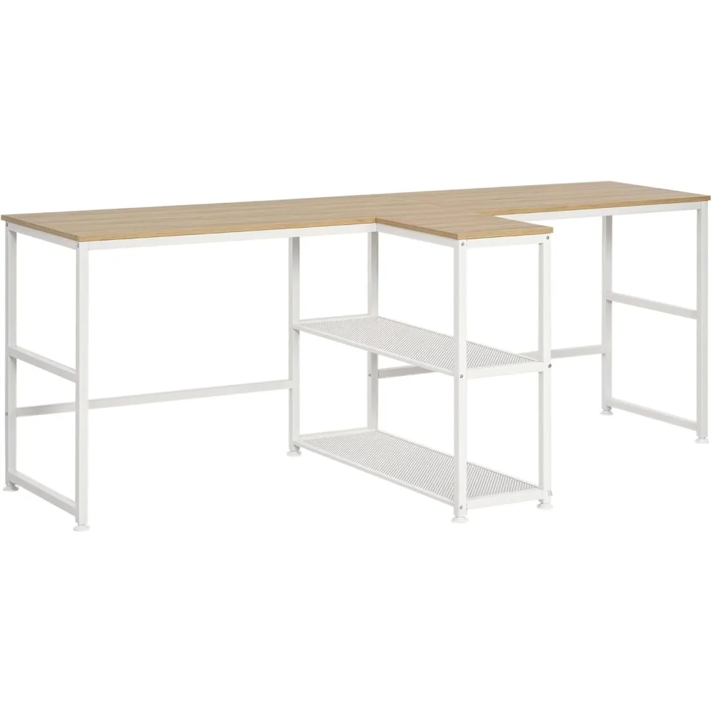 

83 double computer desk with 2 storage shelves, dual desk workstation with bookshelf, long office desk