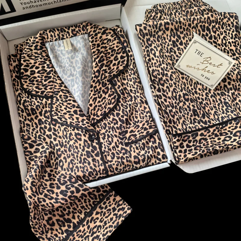 Women Leopard Print Ice Silk Satin Pajama Set Long Sleeve Lapel 2 Pcs Shirt&pants Luxury Homewear Casual Sleepwear Loungewear