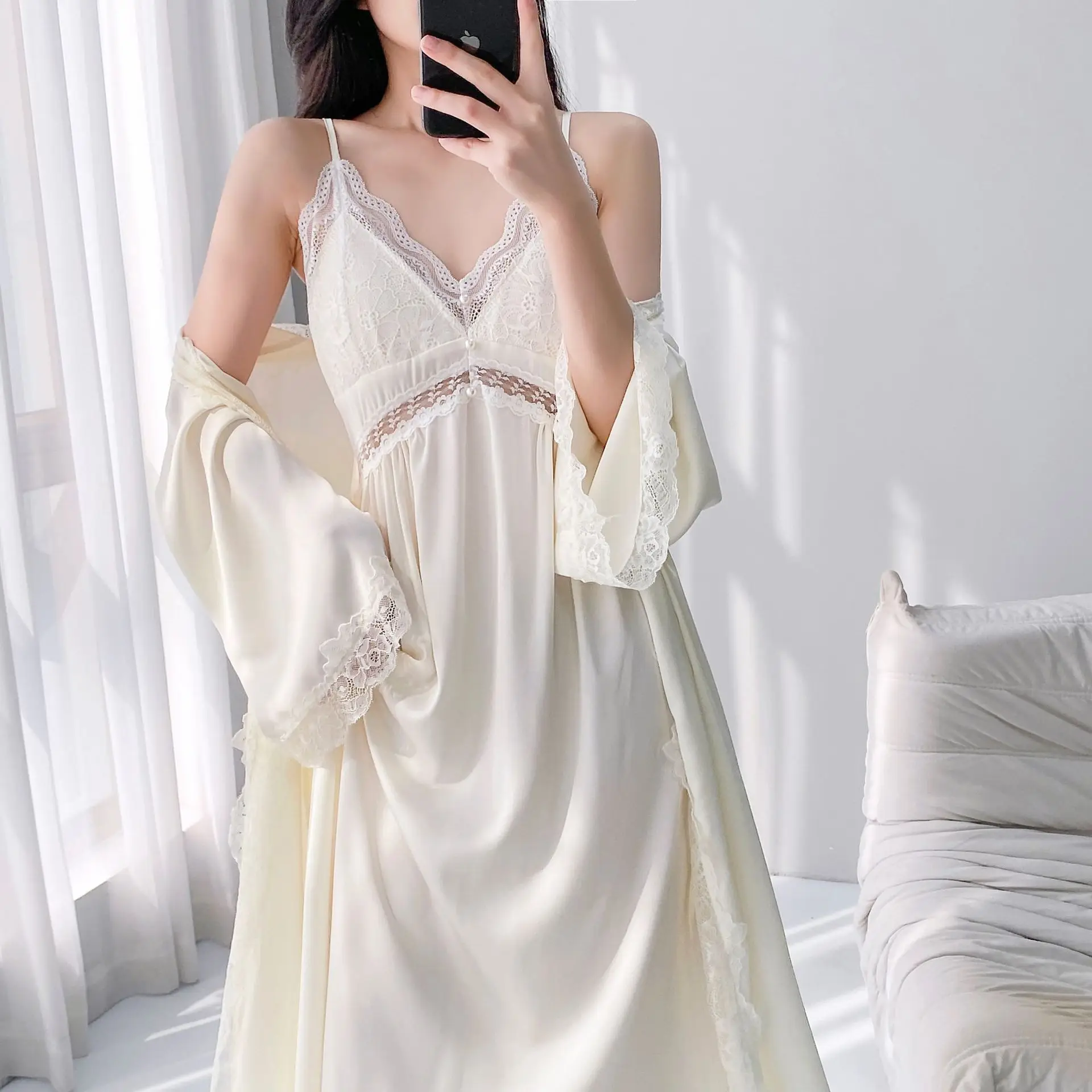 Bride Wedding Dress Long Kimono Robe Suit Sexy Lace Trim Lady Loungewear Vestidos Bridal Robes Satin Sleepwear Nightwear