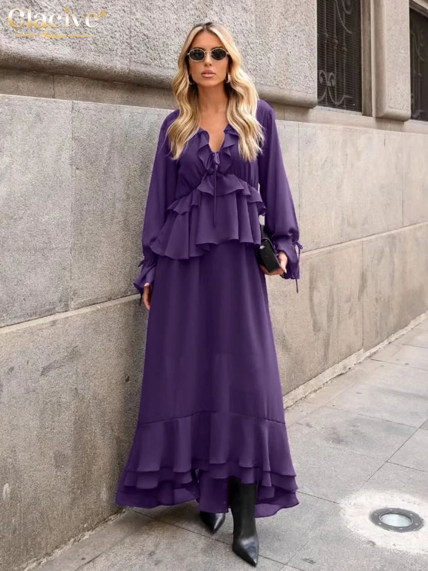 

Clacive Fashion Loose Purple Women Dress 2025 Casual V-Neck Long Sleeve Ankle Length Dresses Elegant Classic Ruffle Female Dress
