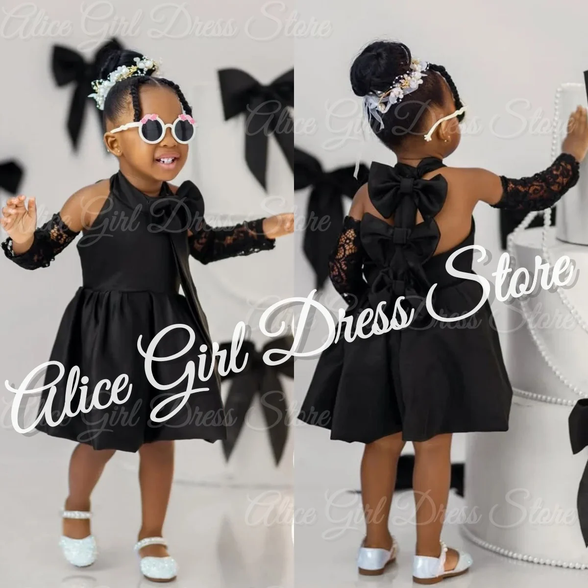 

Customized Black Satin Flower Girl Dresses for Wedding with Bows Knee Length Lovely First Communion Kids Christmas Party Gowns