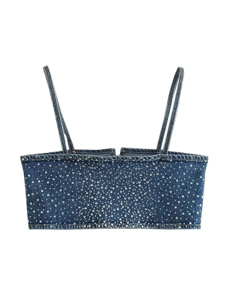 Women Fashion With Drilling Denim Crop Tank Tops Sexy Thin Straps Back Metal Hook Female Camis Mujer