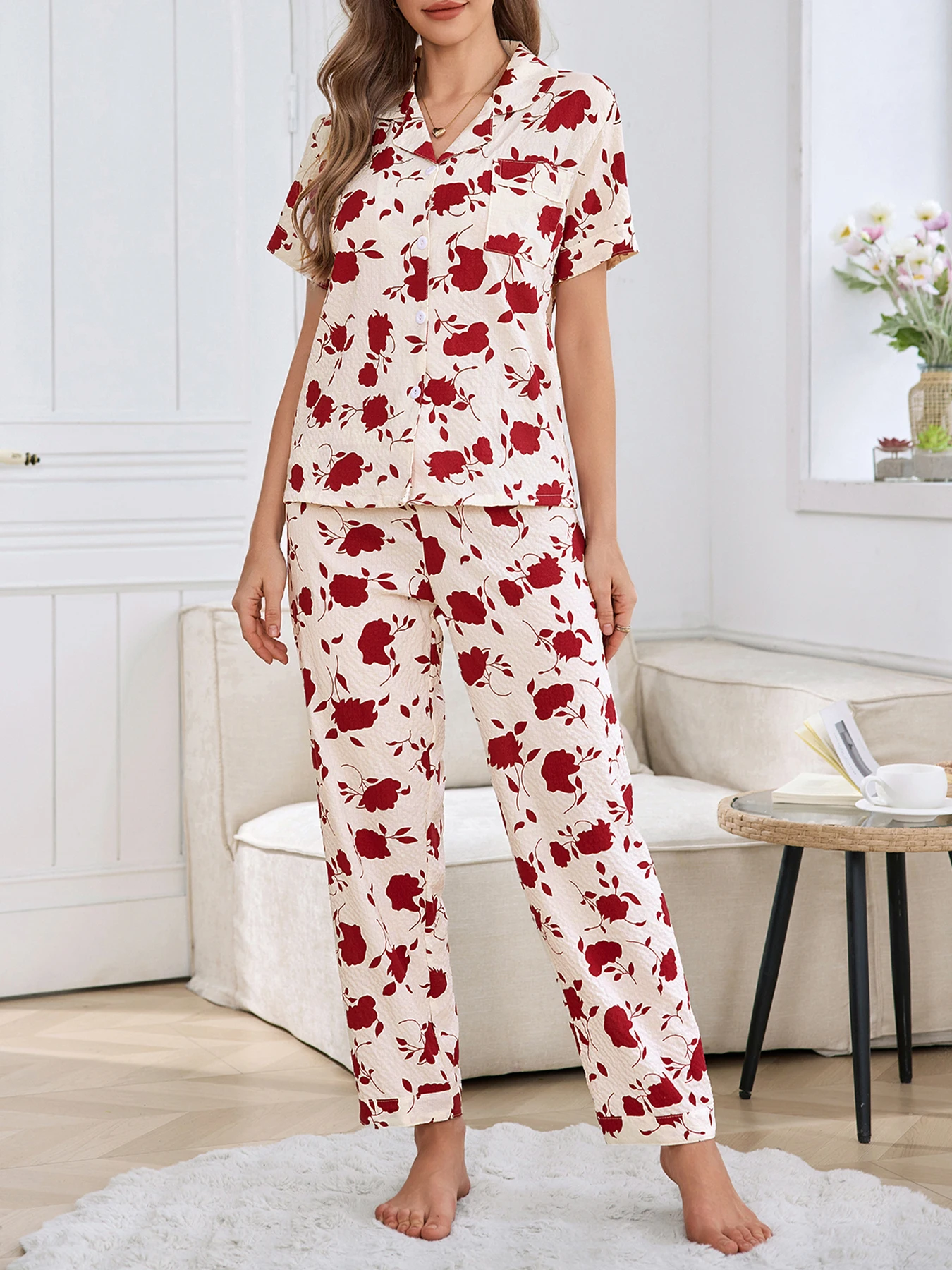 Spring Summer Autumn Winter Women's 2-piece Sweet Button-Pocket Cardigan Short-Sleeved Pants Homewear Sleeping Suit Set