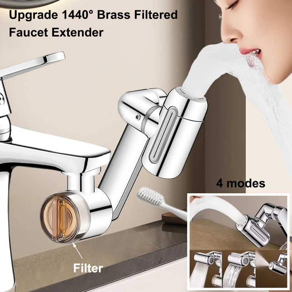 

Кухонный кран-удлинитель из латуни с фильтром, 4 режима, регулируемый, защита от брызг, 1440 ° Вращающийся аэратор для смесителя с удлинителем