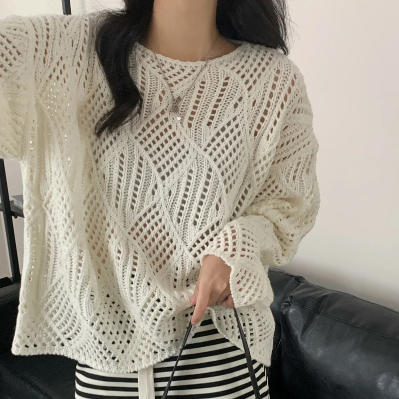 Pullovers Women Pointelle Knit Top Long Sleeve Semi Sheer Sweater Pink Purple Jumper Teen-girl Spring Summer Fairycore Outfit