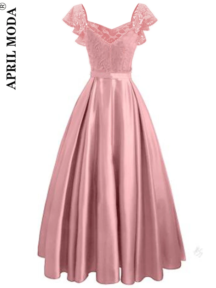 Gorgeous 2024 Pink Ruffle Sleeve Party Satin Long Dress Floral Lace Prom Gown Pleated Women Spring Summer Evening Maxi Dresses