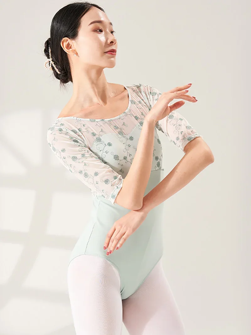 성인 여성 바디 트레이닝 발레리나 댄스웨어 레이스 프린트 백리스 서정적 댄스 발레 체조 레오타드 의상