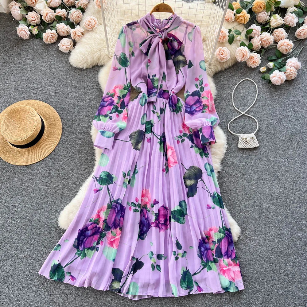 Spring Autumn Long Sleeve Floral Printed Violet Bowknot A-line Maxi Long Chiffon Dress