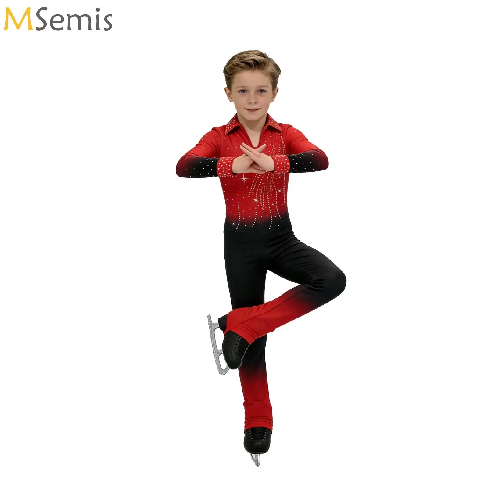

Boys Ballet Dance Jumpsuits Kids Shiny Rhinestone Skating Bodysuit Long Sleeve Acrobatics Gymnastics Full Body Leotards Unitards
