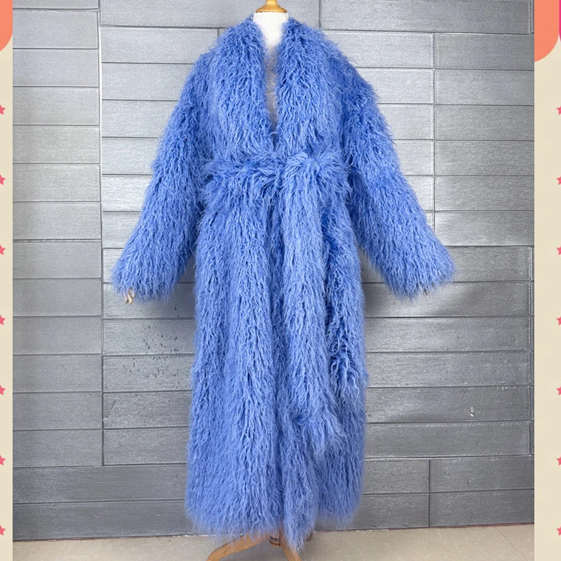 Original Design Green Peach Pink Faux Fur Coat Female Lapel Long Jacket with Belt Women's Winter Coats Factory Direct Sales