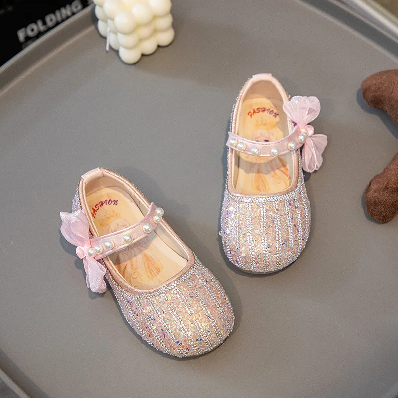 

Детская обувь принцессы на плоской подошве для девочек, черные лоферы Мэри Джейн, кроссовки, детская обувь для вечеринок, модная кожаная обувь с жемчужным бантом и кристаллами