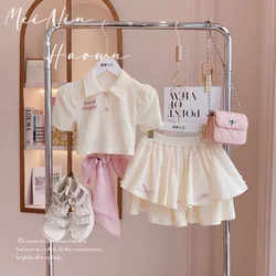 Retail 2024 New Baby Girls Teenage Summer Fashion Sets, Back Bow Top+ Skirts 2-9T