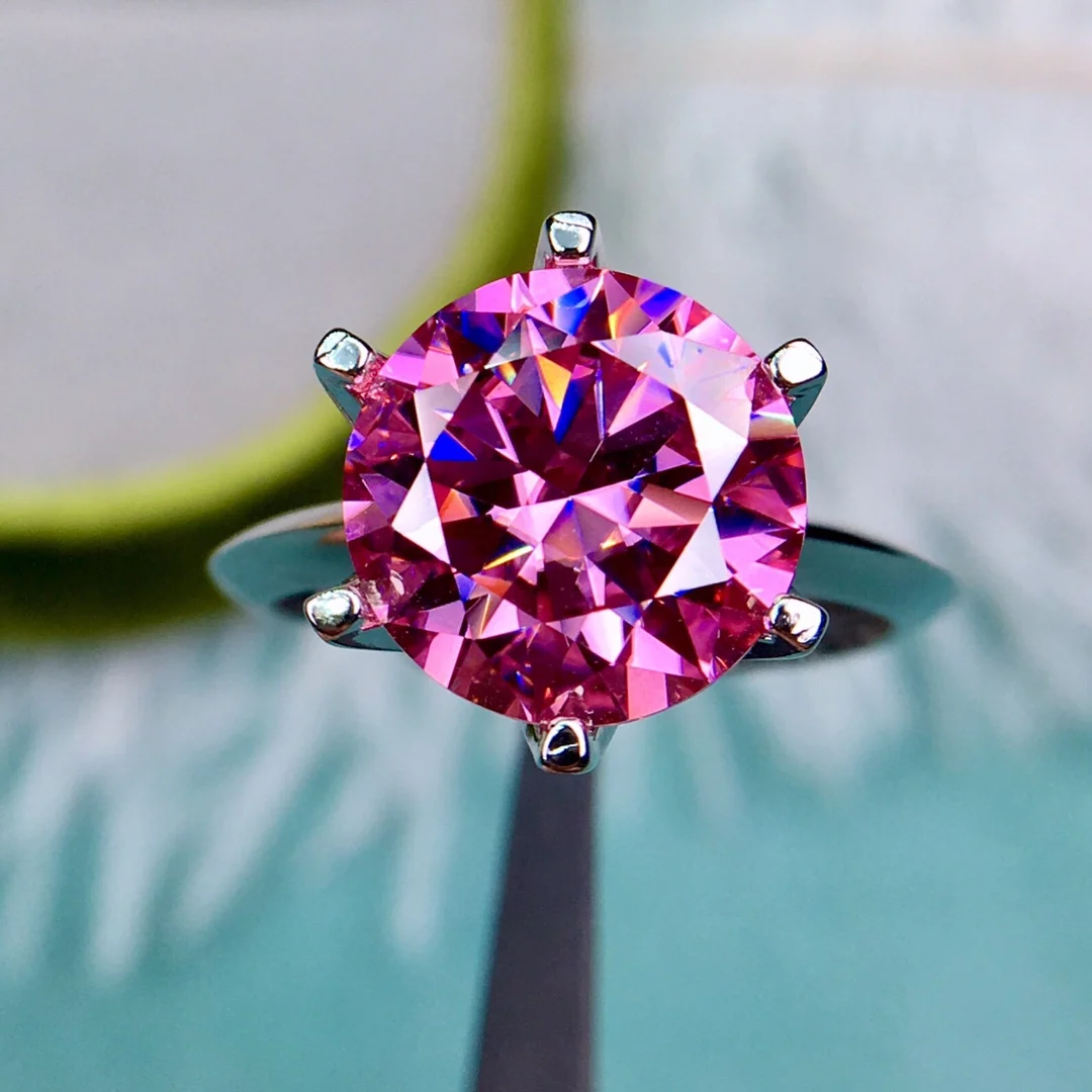 925 Round Brilliant Cut 5 Carat Moissanite Ring Pink Moissanite Ring Classic 6 Prong Gemstone Wedding Ring