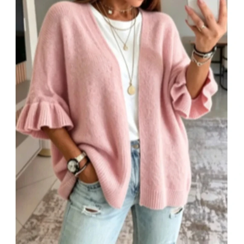 Women Chic Open‑Front Knit Cardigan V‑Neck Ruffle Trim Dolman Short Batwing Sleeve Loose Casual Lightweight Sweater Outerwear