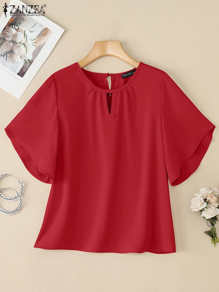 Элегантные летние рабочие блузки ZANZEA, офисные женские топы, стильная рубашка, повседневная блузка с круглым вырезом и коротким рукавом, однотонная свободная туника 2025