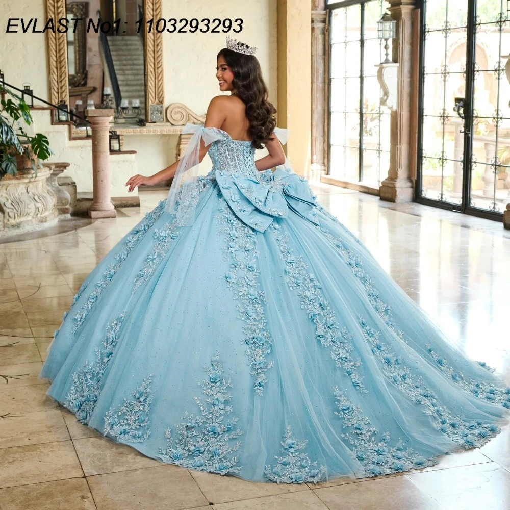 EVLAST مخصص لامعة السماء الزرقاء Quinceanera فستان الكرة ثوب الدانتيل زين الديكور ربطة القوس فيونكة الحلو 16 Vestido De 15 Anos E1Q195 #2
