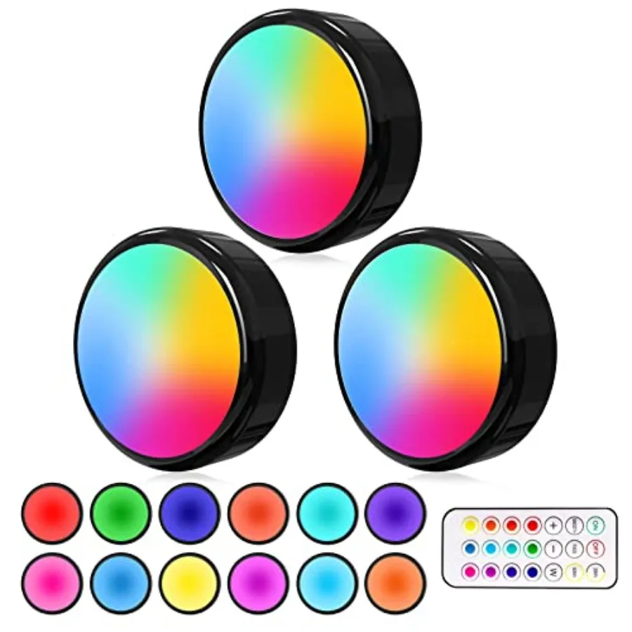 LED Puck Lights with Remote, Under Cabinet Lighting, Battery Operated Push Light, Dimmable and Color Changing Tap Lights, Stick
