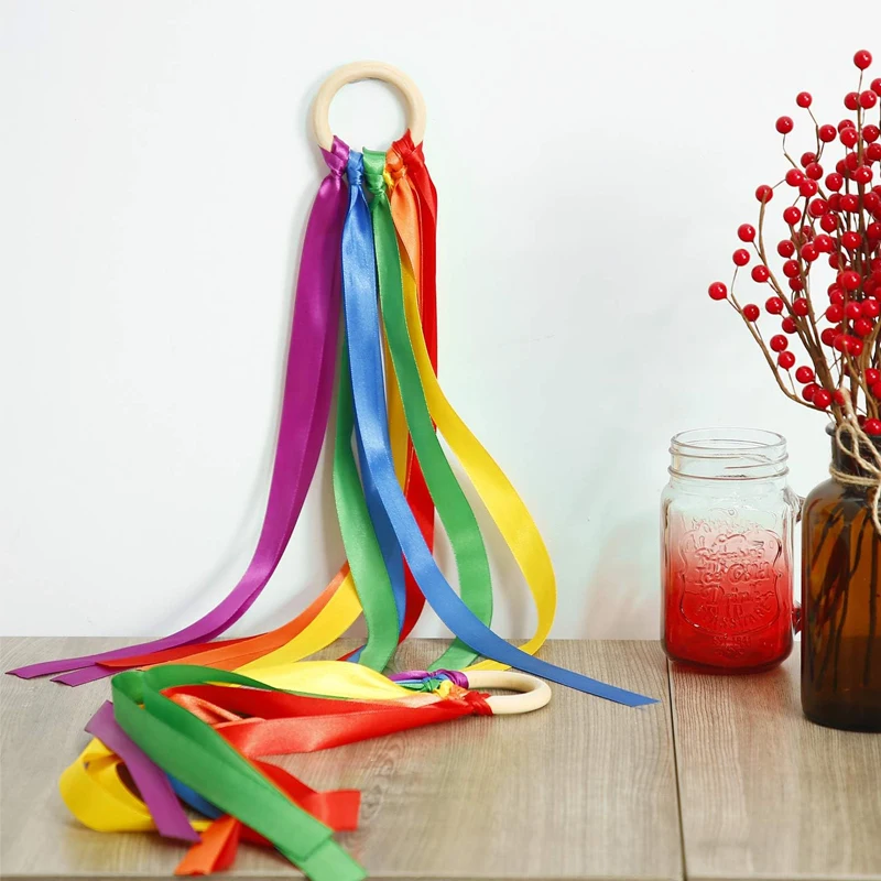 

2 шт. радужные ленты-браслеты для рук, воздушные палочки-стримеры с деревянным кольцом, для танцев, сувениры для вечеринок, подарки для детей, мальчиков и девочек