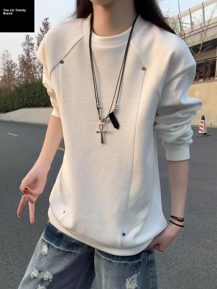 

White American Deconstructed Rivet Sweatshirt Men's Winter Thickened Long Sleeve T-shirt Cleanfit Inner Shirt Casual Streetwear