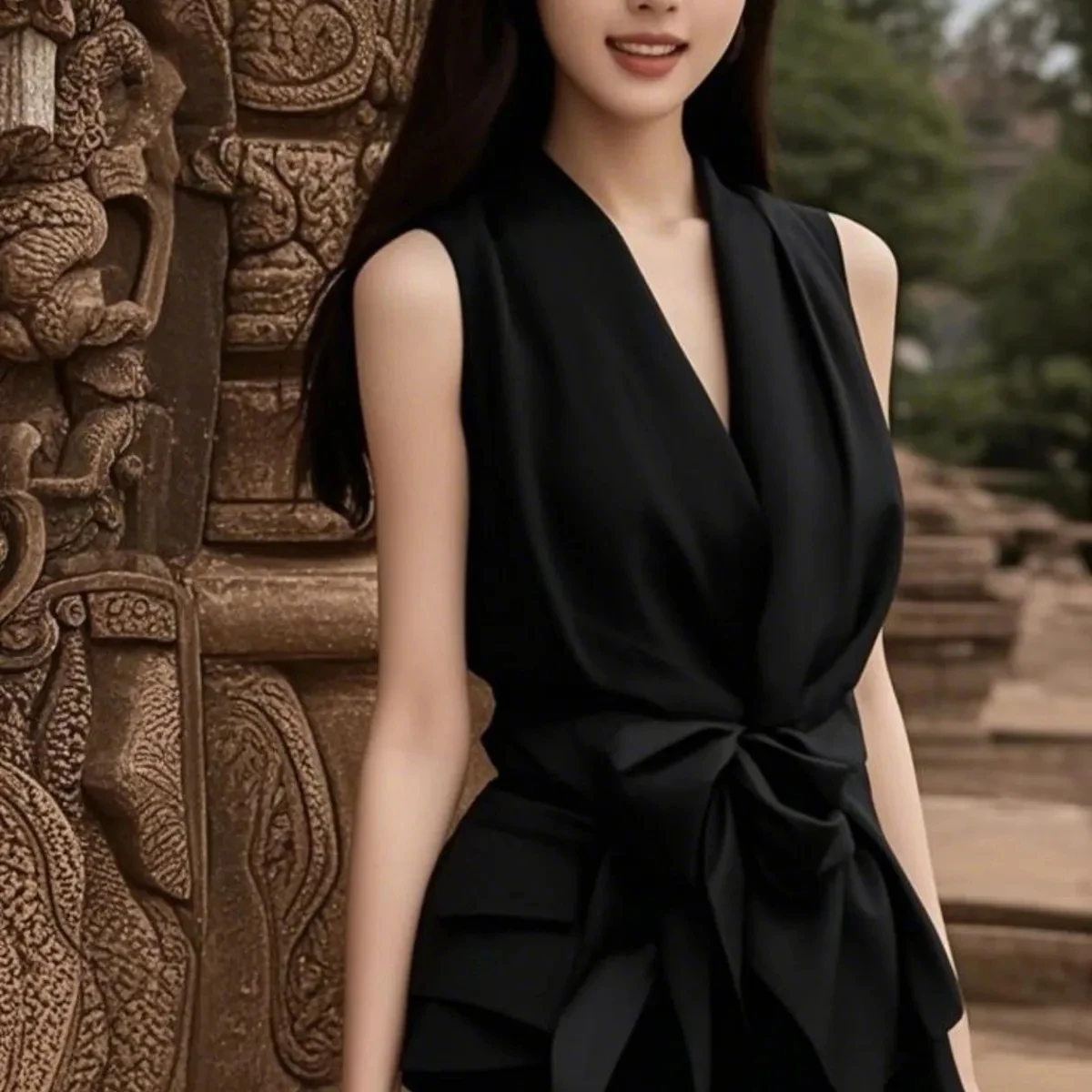 

Ele Summer Svel Slim Fit irt with Belt Design Outerwear Sle Women's Faion Korean Version V-Ne Polyester Blend