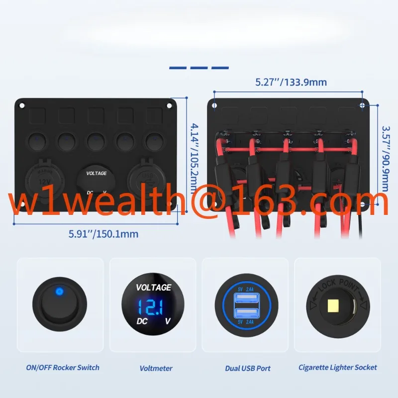 Interruptor basculante ON-OFF redondo de 5 entradas, 12V, 20A, Panel LED de punto azul, Panel de Control multifuncional impermeable de aluminio negro